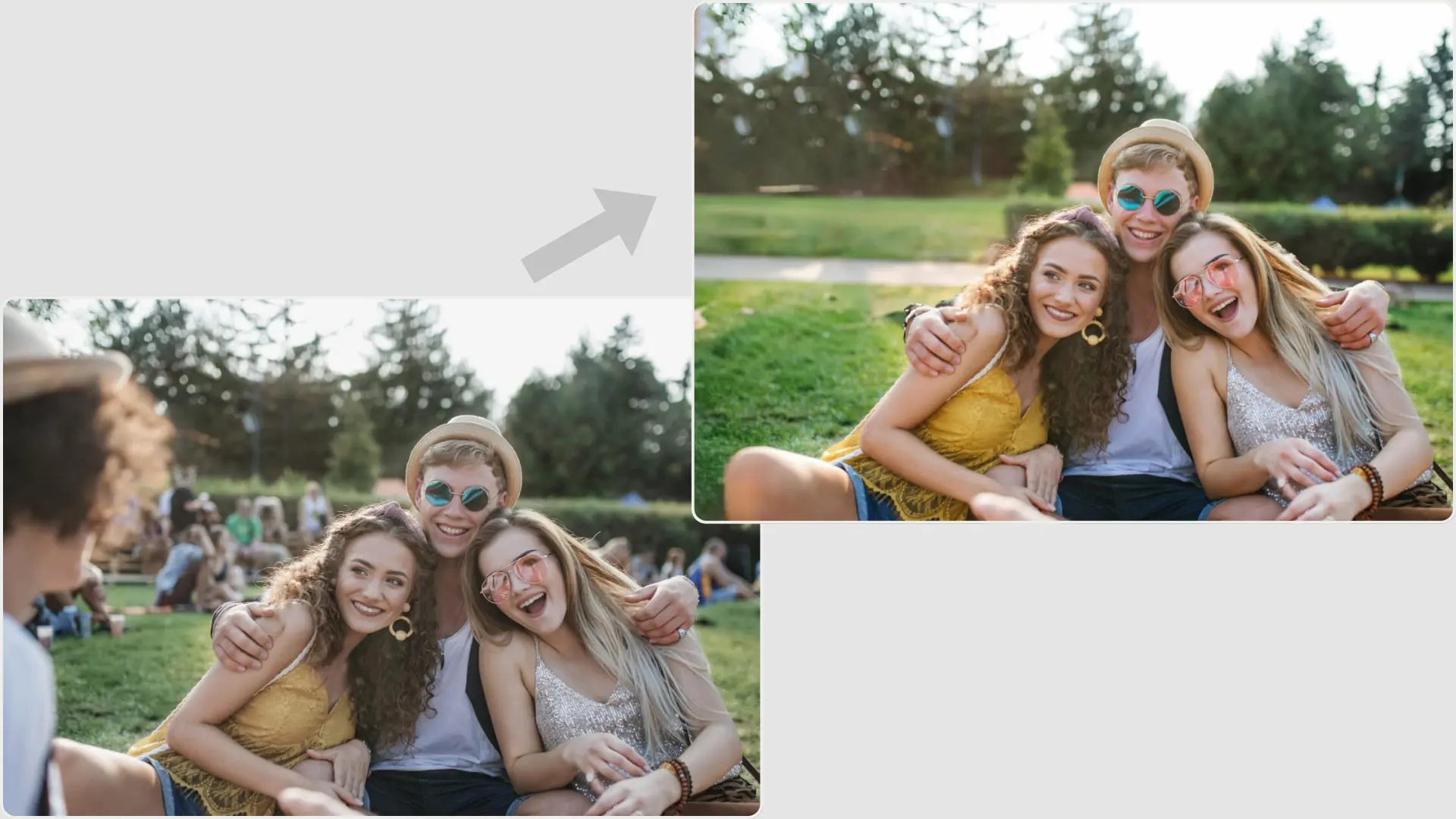 A before-and-after comparison showing a distracting element removed from a portrait's background.