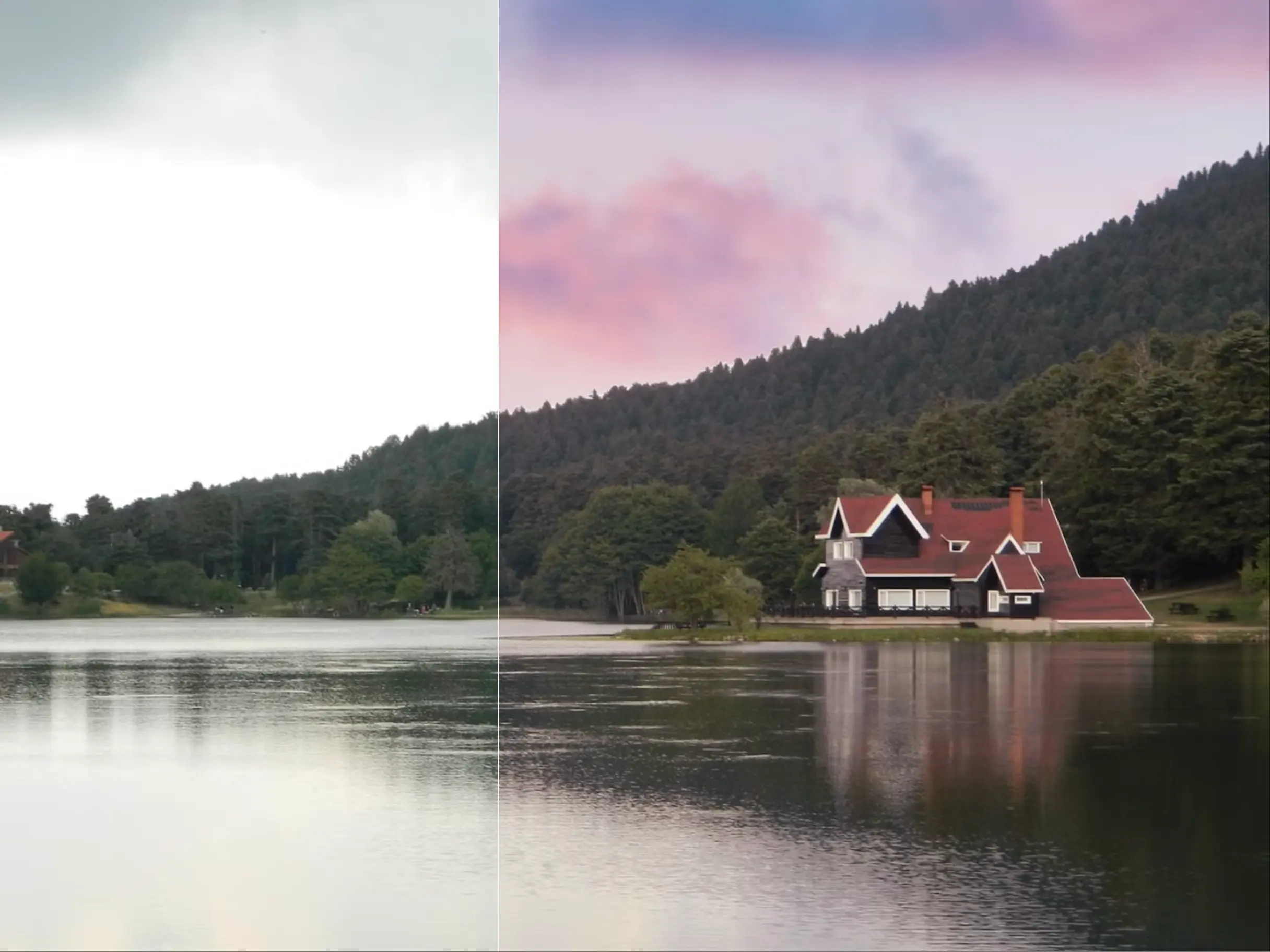 A landscape photo shown with its original dull sky and the AI-replaced vibrant sky.