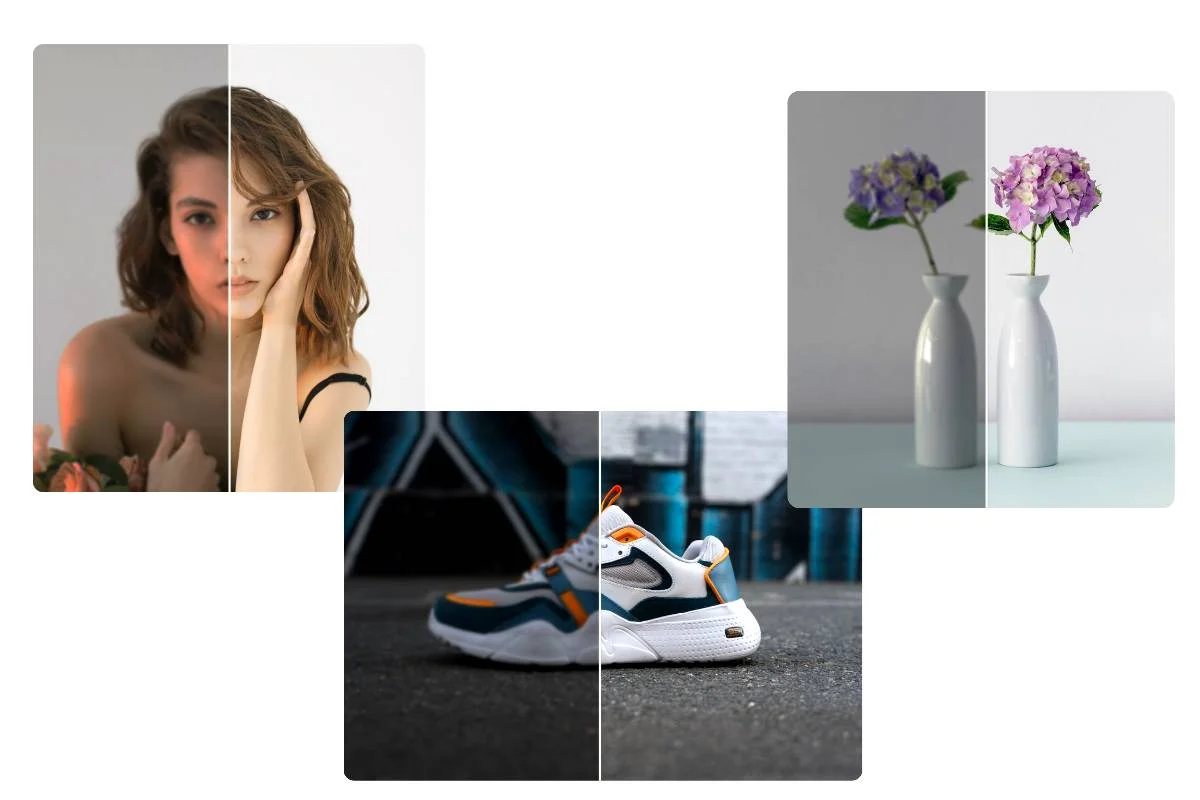 A before-and-after slider showing a photo with poor lighting instantly corrected by AI.